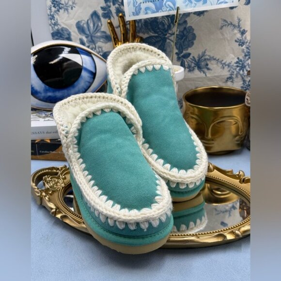 🆕 MOU 🧿 NWT WOB Teal Eskimo Ankle Boot, Cream Crochet Overstitch, Sz EU 35 - Picture 4 of 13